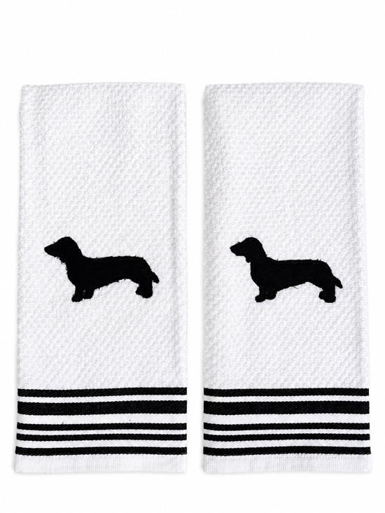 Other - White Embroidered Kitchen Towels with Black Dachshund NEW Made to order stripe